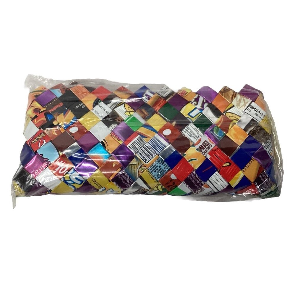 Nahui Ollin Woven Candy Wrapper Wristlet 10” Bag Clutch Purse Strap Multicolor